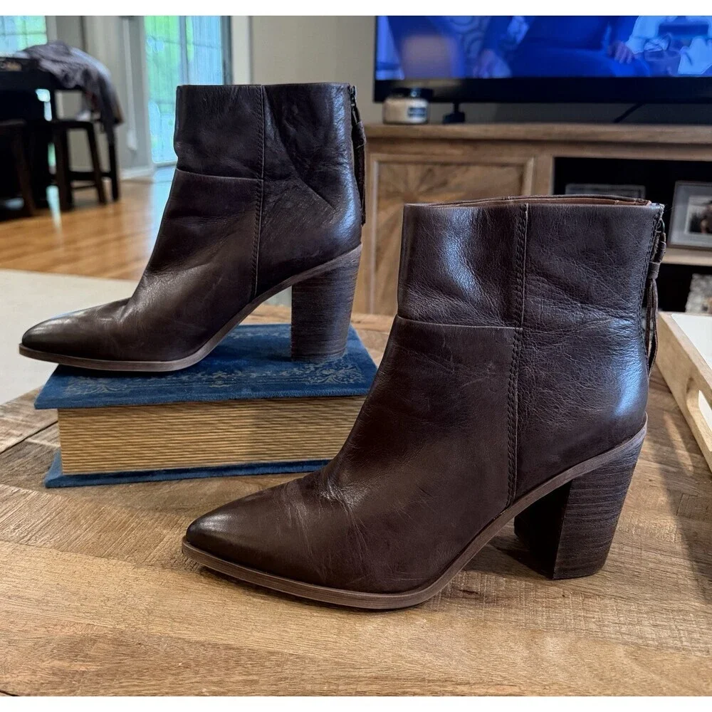 Franco Sarto Marmalade Bootie 8.5 Brown Leather Pointed Toe Block Heel